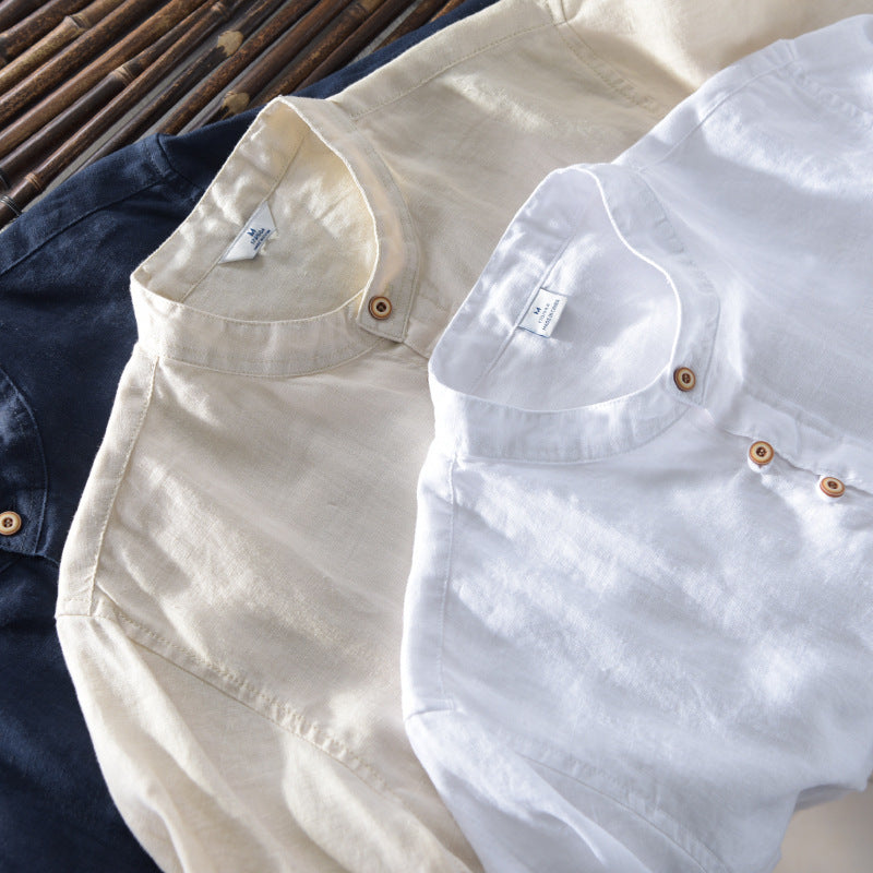 3310 Main Style Pure Linen Thin Inside And Outside Versatile Shirt Men&#039;s Casual Stand Collar Short Sleeve Shirt Men&#039;s One-piece Delivery
