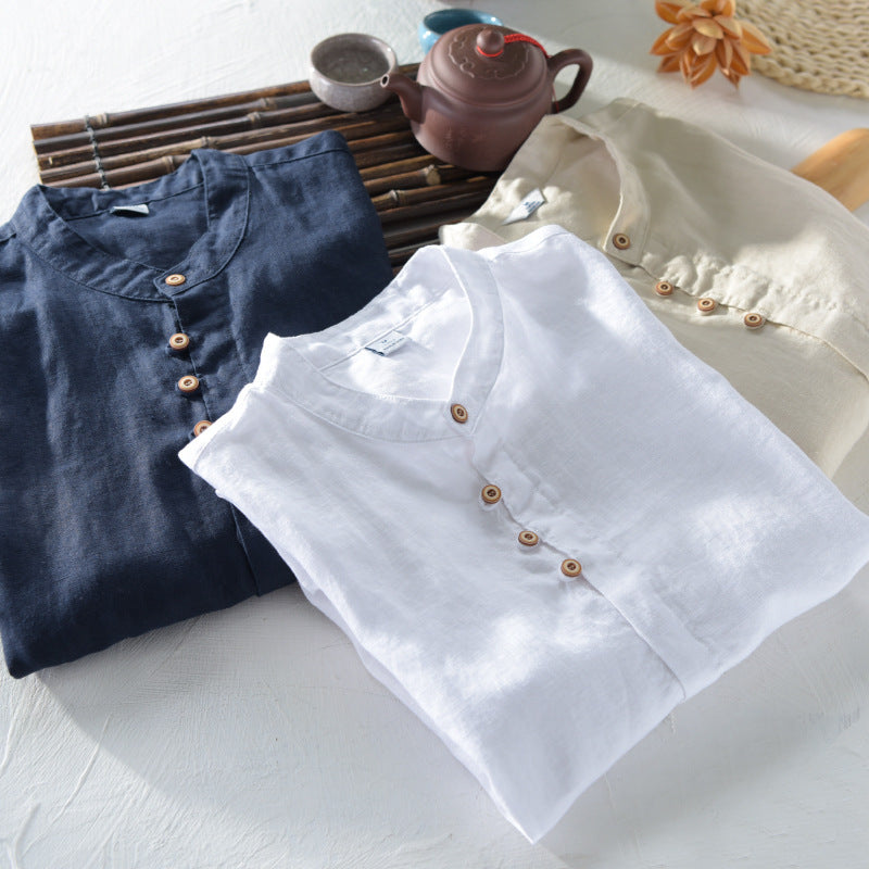 3310 Main Style Pure Linen Thin Inside And Outside Versatile Shirt Men&#039;s Casual Stand Collar Short Sleeve Shirt Men&#039;s One-piece Delivery