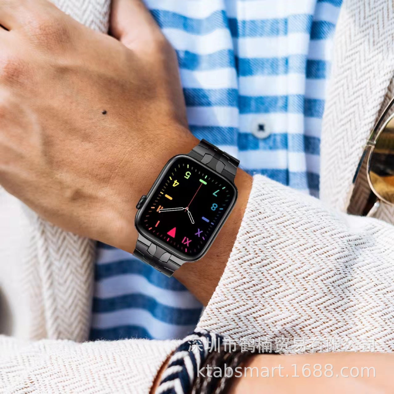 Applicable To The Trend Of Apple Watch Iwatch Strap 1-7 Generation New Siamese Iron Man Stainless Steel Metal Strap
