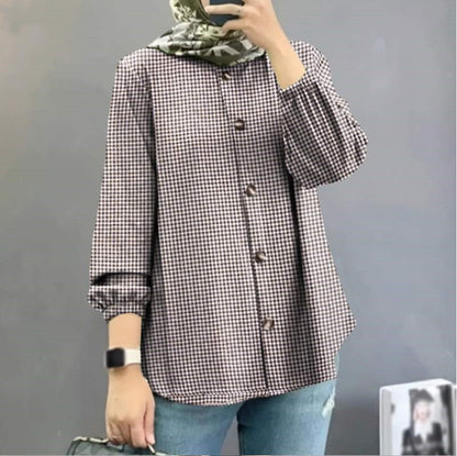 New Women&#039;s Plaid Print Puff Sleeve Button Shirt Casual Vintage Top FD 87434533