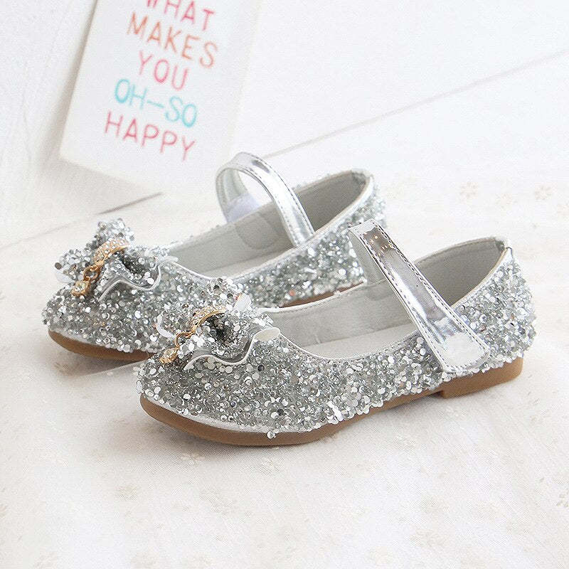 Kid&amp;amp;#039;s Girl PU Round Toe Glitter Sequined Wedding Bow-Knot Shoes